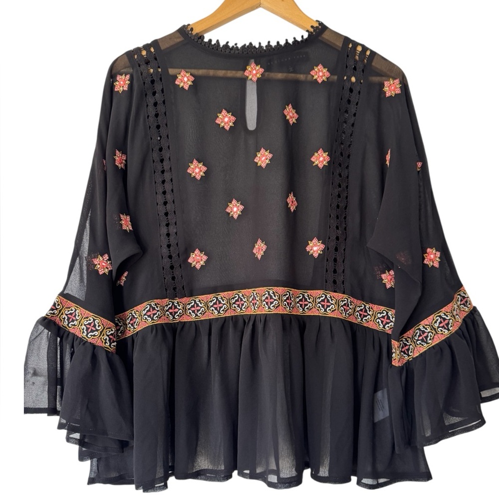 Endless Rose Womens Small Embroidered Sheer Blouse Peplum Hem Shirt Top
